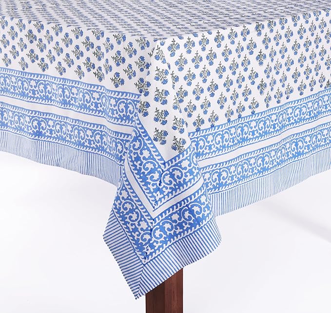 ATOSII Gulbahar Blue 100% Cotton Fall Rectangle Tablecloth, Hand Block Print Washable Table Cover, Christmas Parties Buffet Dining, Weddings, Thanksgiving Easter Home Decor, 60 X 90 Inches 6 Seater