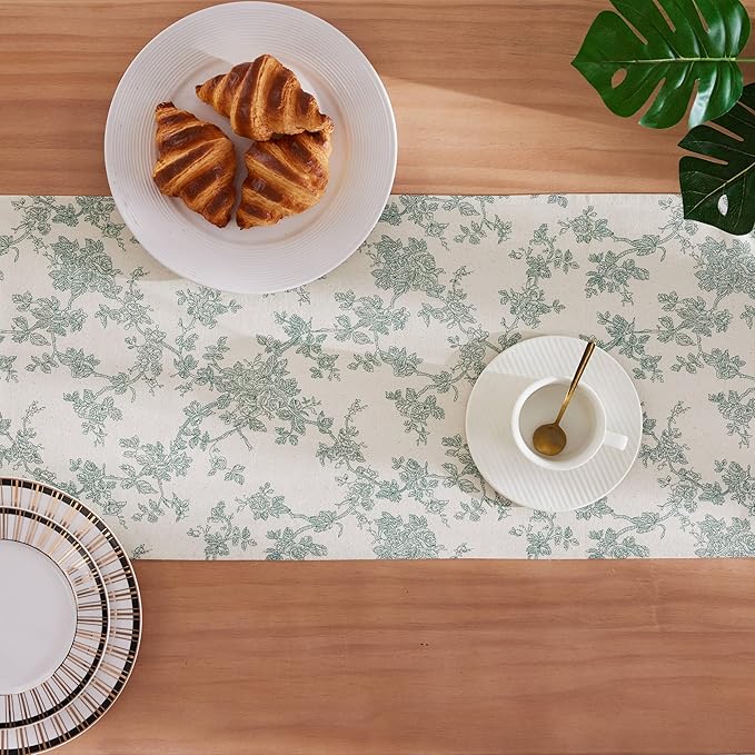 100% Cotton French Pastoral Table Runners, 13x48 Inch Vintage Green Farmhouse Table Runners 48 Inches Long, Vintage Flowers Print Home Decors
