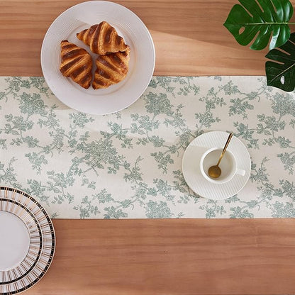 100% Cotton French Pastoral Table Runners, 13x90 Inch Vintage Green Farmhouse Table Runners 90 Inches Long, Vintage Flowers Print Home Decors