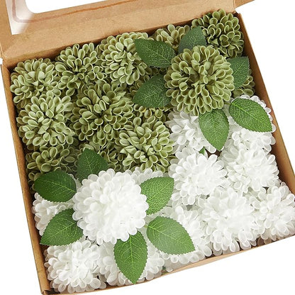 Artificial Flowers, 50pcs Artificial Rose for DIY Wedding Bouquets Centerpieces Arrangements, Elf Green and White Dahlia Flowers with Stem for Bridal Shower Party Home Decorations