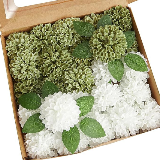 Artificial Flowers, 50pcs Artificial Rose for DIY Wedding Bouquets Centerpieces Arrangements, Elf Green and White Dahlia Flowers with Stem for Bridal Shower Party Home Decorations