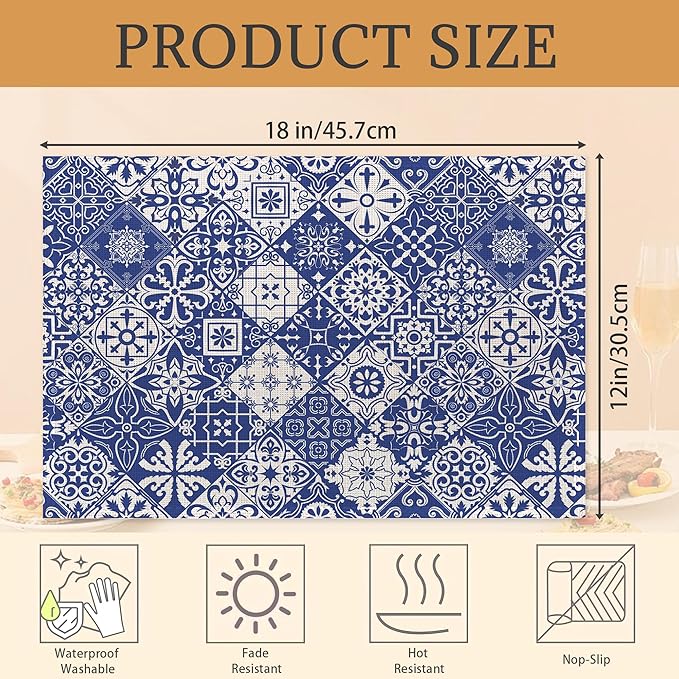 Blue Folk Ethnic Placemats Set of 6 Place Mats for Kitchen Table Washable Farmhouse Linen Table Mats Dining Decoration 12x18 Inch