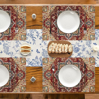 Retro Boho Carpet Placemats Set of 4,Boho 12x18 Inch Non-Slip Washable Heat Resistant Linen Fabric Table Mats,Place Mats for Holiday Party