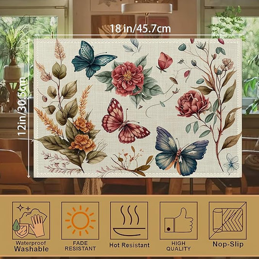 Butterfly Floral Vintage Placemats Set of 6, 12x18 Inch Waterproof Stain Resistant Linen Table Placemats Summer Seasonal Farmhouse Kitchen Party Decor Home Decor