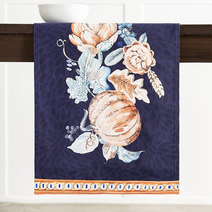 Maison d' Hermine Table Runner 100% Cotton Double Layer Table Runners 108 inches Long for Thanksgiving Christmas Decorations Home Kitchen Dining Party Wedding (Pumpkin Blues, 14.5" x 108")