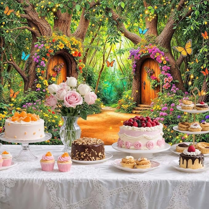 12X10ft Enchanted Forest Backdrop Fairy Tale Green Garden Wonderland Tree House Floral Butterfly Background for Kids Girl Baby Shower Birthday Party Decoration Banner Cake Table Photo Booth Props
