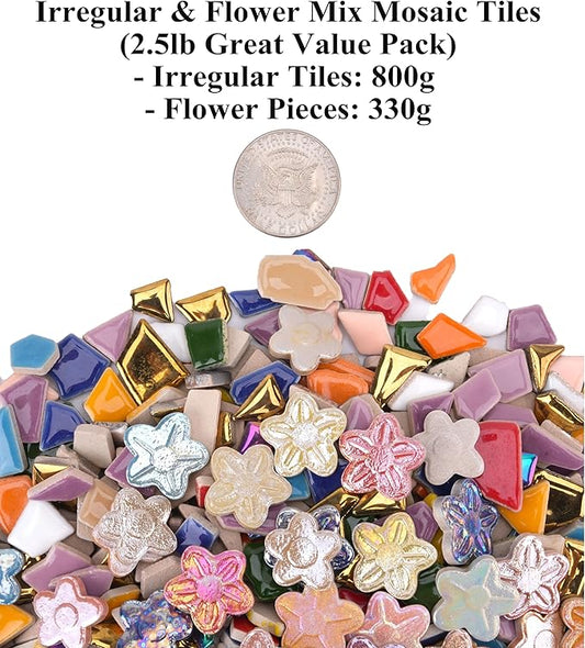 2.5 lb Irregular & Flower Ceramic Mosaic Tiles for Crafts - (800g Small Irregular Tiles + 330g Flower Mosaic Pieces), Mix Shapes & Colors Ceramic Mosaics for DIY Projects & Home Decor