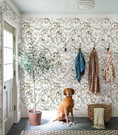 Guvana 16.14"x394" Floral Peel and Stick Wallpaper Leaves Contact Paper Floral and Leaf Wallpaper Colorful Flowers Self Adhesive Wall Paper for Home Wall Decor（Off-White Background）