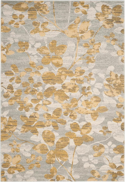 SAFAVIEH Evoke Collection 4' x 6' Grey / Gold EVK236P Floral Non-Shedding Living Room Bedroom Accent Rug