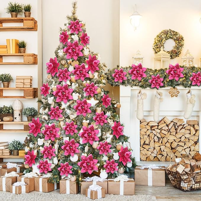 24 Christmas Glitter Artificial Poinsettia Flowers Xmas Poinsettia Artificial Wedding Flowers Decorations Xmas Tree Ornaments with Clips for Party Favors, 6 Inch, 4 Inch, 3 Inch (Fuchsia)