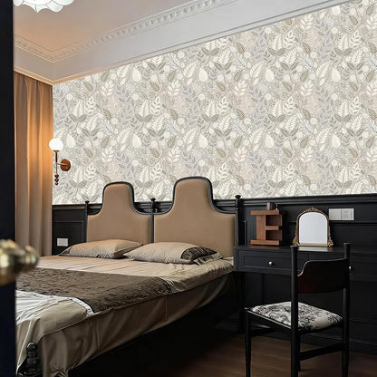 Gray Leaf Peel and Stick Wallpaper Grey White Floral Contact Paper Easy Peel Off Self-Adhesive Removable Stick on Wall Paper for Kitchen Cabinet Drawer 17.71" X 236.2"