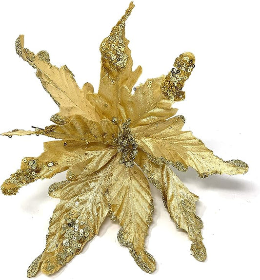 allgala 6-PK Glitter and Sequin Decorated Fabric Poinsettia Artificial Christmas Flower with Clips-Gold-XF93301