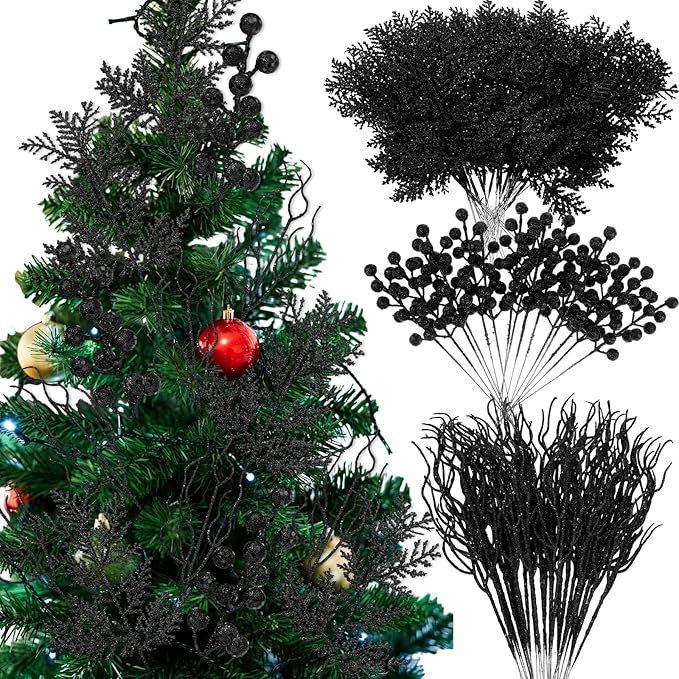75 Pcs Christmas Glitter Branches 3 Styles Artificial Christmas Picks Berries Stems Pine Needles Floral Twig Spray for Xmas Tree Ornaments DIY Wreath Garland(Black)