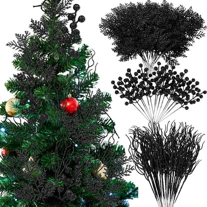 75 Pcs Christmas Glitter Branches 3 Styles Artificial Christmas Picks Berries Stems Pine Needles Floral Twig Spray for Xmas Tree Ornaments DIY Wreath Garland(Black)