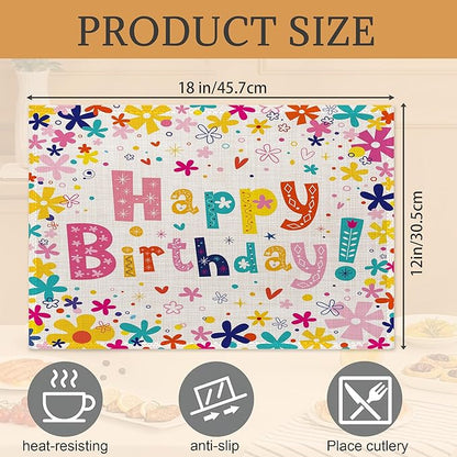 Happy Birthday Placemats Set of 6,Washable Heat Resistant 12×18 Inch Linen Table Mats Birthday Party Place Mats for Party Outdoor Dining Décor