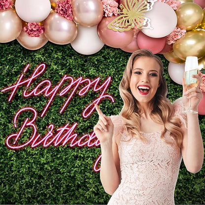Riyidecor Green Leaves Happy Birthday Backdrop Polyester Fabric Neon Pink Balloon Flower Floral Butterfly Botanical Plant Bday 8Wx6H Feet Women Girls Photography Background Birthday Photo Studio Shoot