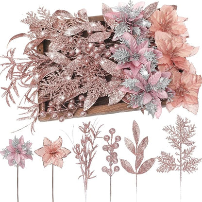 60 Pcs Christmas Glitter Branches 6 Styles Artificial Christmas Picks Berries Stems Poinsettia Flowers Pine Needles Floral Twig Spray for Xmas Tree Ornaments DIY Wreath Garland(Rose Gold)