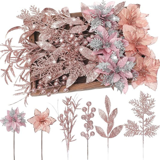 60 Pcs Christmas Glitter Branches 6 Styles Artificial Christmas Picks Berries Stems Poinsettia Flowers Pine Needles Floral Twig Spray for Xmas Tree Ornaments DIY Wreath Garland(Rose Gold)