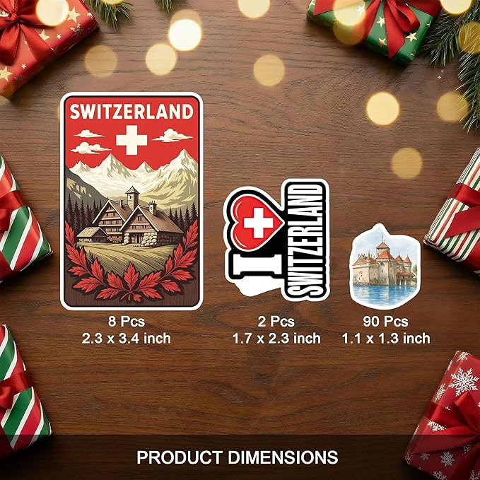 100 PCS Switzerland Stickers Pack, Vinyl Waterproof Decals of Zurich Alps Matterhorn Swiss Flag Cheese Chocolate Travel Souvenirs, Gift for Teens Adults Scrapbook Laptop Water Bottle Car