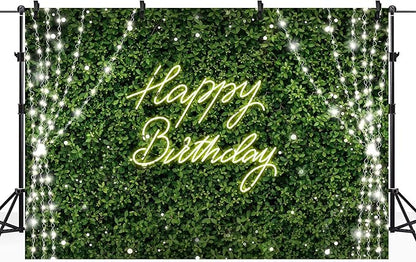Riyidecor Green Happy Birthday Backdrop Polyester Fabric for Woman Grass Neon Leaf Rustic Spring Leaves Plant Botanical Nature 7Wx5H Feet Lights Photography Background Birthday Photo Studio Shoot