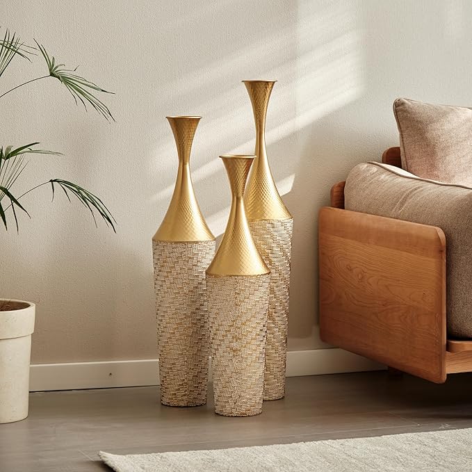 Floor Vases Decorative Tall, Set of 3 Flower Arrangement Stand for Living Room, Bedroom, Room Empty Corner Metal Gold Flower Vase Champgne & White