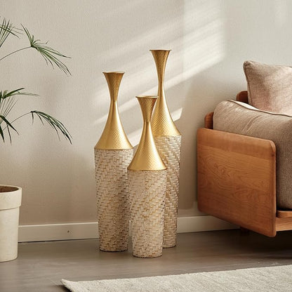 Floor Vases Decorative Tall, Set of 3 Flower Arrangement Stand for Living Room, Bedroom, Room Empty Corner Metal Gold Flower Vase Champgne & White