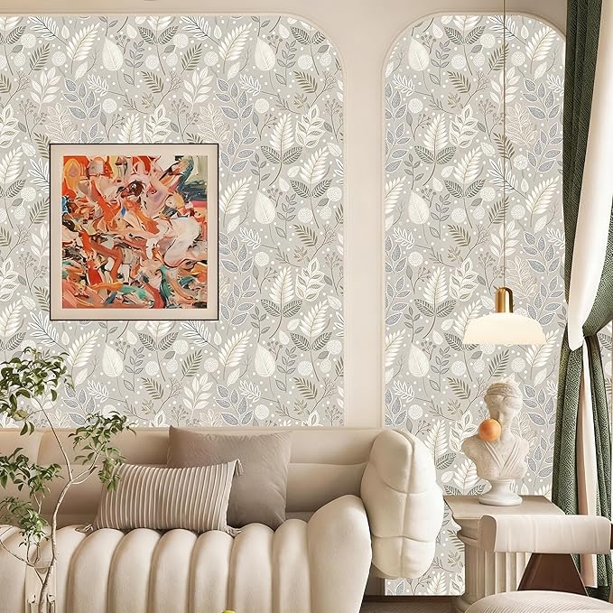 Gray Leaf Peel and Stick Wallpaper Grey White Floral Contact Paper Easy Peel Off Self-Adhesive Removable Stick on Wall Paper for Kitchen Cabinet Drawer 17.71" X 118.1"