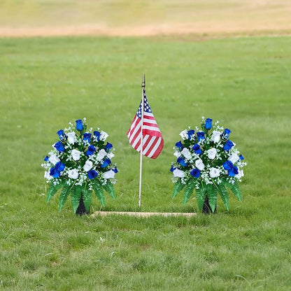 Artificial Cemetery Flowers, Gravesite Decoration Roses, Memorial Bouquets with Cemetery Vase, Vibrant and Long-Lasting Colors (Dark Blue+White, 2 Bundles)