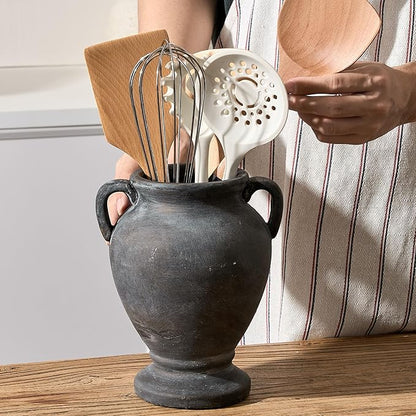 Ceramic Rustic Flower Vase with Handles, 8.36 Inch Tall Vintage Pottery Home Decor, Farmhouse Terracotta Vase for Living Room, Table, Shelf, Mantel Decoration, Farmhouse- Black Bronze