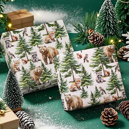 WRAPAHOLIC 30 Inch Kraft Christmas Wrapping Paper - 30 Inch x 33 Feet - White Wild Animal Winterfall Watercolor and Christmas Tree Wrapping Paper Perfect for Holiday, Party