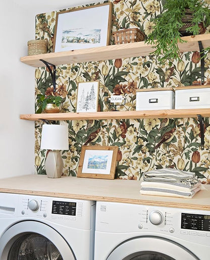 Erfoni 17.3" x197" Beige Retro Floral and Bird Contact Paper Vintage Peel and Stick Wallpaper for Bedroom DIY Self Adhesive Wall Paper Boho Floral Leaf Removable Wallpaper for Accent Wall Covering