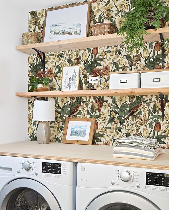 Erfoni 17.3" x 394" Birds Floral Peel and Stick Wallpaper Vintage Contact Paper for Livingroom Boho Floral and Leaf Self Adhesive Wall Paper Retro DIY Removable Wallpaper Vinyl Roll Beige