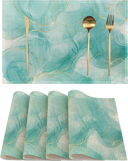 Placemats-Pastel Cyan Flowing Gold Marble Linen Table Place Mats Set of 4 Non-Slip Heat Resistant Table Mats for Dining Kitchen Cabin Decor 12x18 Inch