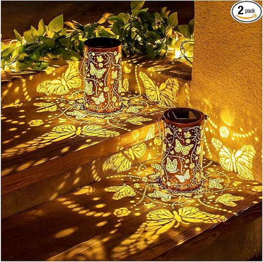 2 Pack Butterfly Solar Lanterns Outdoor Waterproof Hanging Solar Lights Butterfly Gifts for Women Men Metal Decorative LED Lights for Garden Decor,Yard,Patio,Lawn,Tabletop,Pathway,Landscape