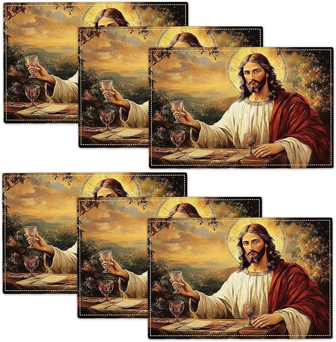 Christian Jesus Placemats Set of 6 Christian Gift Religious Jesus Christ Faith Place Mat Machine Washable Place Mats for Dinner Table Mats 6 PCS