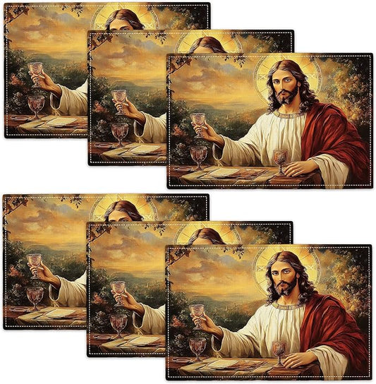 Christian Jesus Placemats Set of 6 Christian Gift Religious Jesus Christ Faith Place Mat Machine Washable Place Mats for Dinner Table Mats 6 PCS