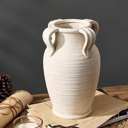 Handmade Ceramic Vase with 4 Handles, 10.83" Tall Farmhouse Rustic Vase, Decorative Pottery Flower Vases for Home Decor, Wedding, Living Room, Table, Shelf Decor, White