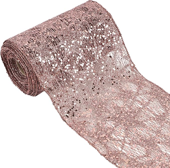 MEEDEE 6 Inch Wide Wired Ribbon Rose Gold Glitter Mesh Web Wired Edge Ribbon by 10 Yards Roll Rose Gold Wired Ribbons for Christmas Tree, Garland, Holiday Wreaths, Bows, Centerpiece, Gift Wrapping