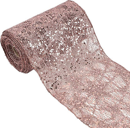 MEEDEE 6 Inch Wide Wired Ribbon Rose Gold Glitter Mesh Web Wired Edge Ribbon by 10 Yards Roll Rose Gold Wired Ribbons for Christmas Tree, Garland, Holiday Wreaths, Bows, Centerpiece, Gift Wrapping