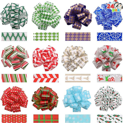 JOYIN 24 Present Wrap Ribbon Pull Bows 5", Easy and Fast Gift Wrapping Accessory for Christmas Bows Baskets Wine Bottles Gifts Decoration, Present Decor