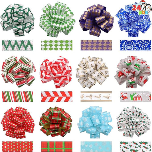 JOYIN 24 Present Wrap Ribbon Pull Bows 5", Easy and Fast Gift Wrapping Accessory for Christmas Bows Baskets Wine Bottles Gifts Decoration, Present Decor