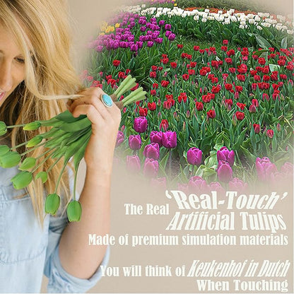 20pcs Artificial Tulip Flowers,16 Inch Real Touch Tulip Stems with Faux Leaves, Faux Tulips and Buds for Home Décor Centerpiece Ornament Wedding Bouquet,Green