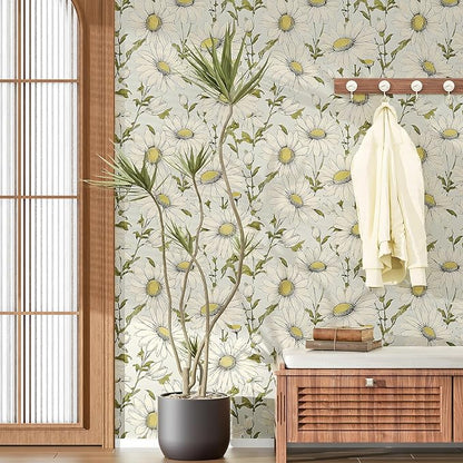 Boho Wallpaper Peel and Stick Daisy Floral Wallpaper 17.5in x 9.8ft Vintage Leaf Contact Paper Vinyl Self Adhesive Removable Modern Floral Wall Paper for Bedroom Walls Cabinet Drawer