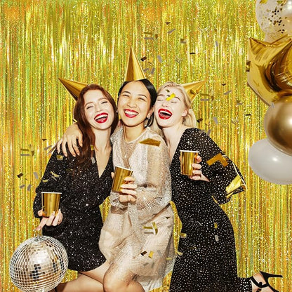 GOER 3.2 ft x 8.2 ft Metallic Tinsel Foil Fringe Curtains Party Photo Backdrop Party Streamers for Birthday,Graduation,New Year Eve Decorations Wedding Decor (3, Shiny Gold)