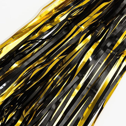 Black and Gold Party Streamers Decoration - GREATRIL Foil Fringe Backdrop for 2026 NYE/Anniversary/Farewell/Cocktail/Prom/EID/Birthdays - 3.2ft X 8.2ft - 2 Packs