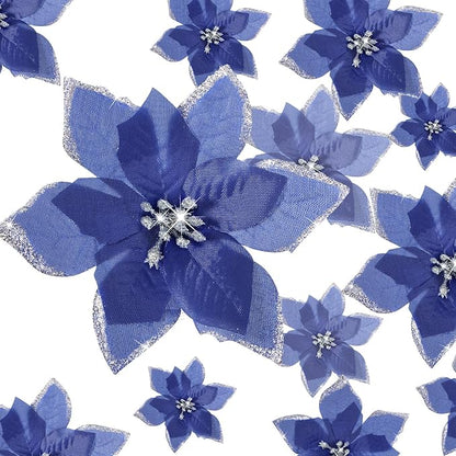 WILLBOND 24 Pcs 3 Size Poinsettia Flower Artificial Christmas Decor Glitter Poinsettia Christmas Ornaments Faux Flowers for Xmas Tree Outdoor(4/6/7.9 Inches,Navy Blue)