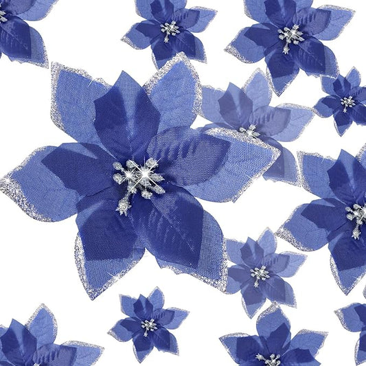 WILLBOND 24 Pcs 3 Size Poinsettia Flower Artificial Christmas Decor Glitter Poinsettia Christmas Ornaments Faux Flowers for Xmas Tree Outdoor(4/6/7.9 Inches,Navy Blue)