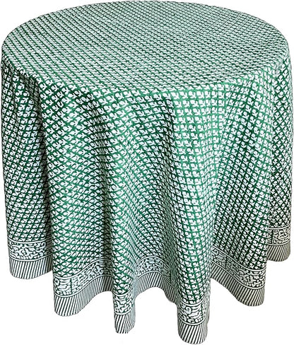 ATOSII Queen Green 100% Cotton Round Tablecloth, Handblock Print Floral Table Cloth for Kitchen Dining Linen I Parties, Weddings, Outdoors, Christmas, Thanksgiving I 90" Inches Round I 6 Seater