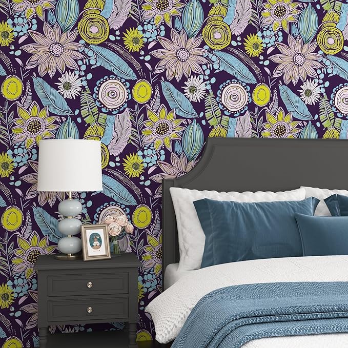 Purple Boho Wallpaper Peel and Stick,Vintage Yellow Floral Contact Paper 17.5" x 393", Botanical Flowers Retro Absract Wall Paper Self Adhesive Removable Waterproof for Walls Shelves Cabinet Table