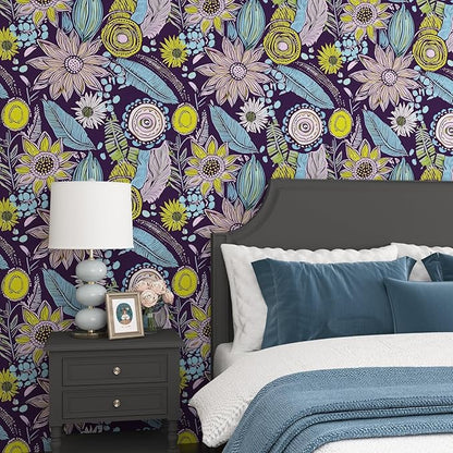 Purple Boho Wallpaper Peel and Stick,Vintage Yellow Floral Contact Paper, Botanical Flowers Retro Bohemia Wall Paper Self Adhesive Removable Waterproof for Walls Shelves Cabinet Table 17.5" x 118"